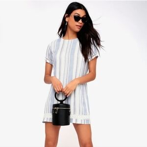 Lulus | Ardell Blue and White Striped Embroidered Shift Dress Size Medium